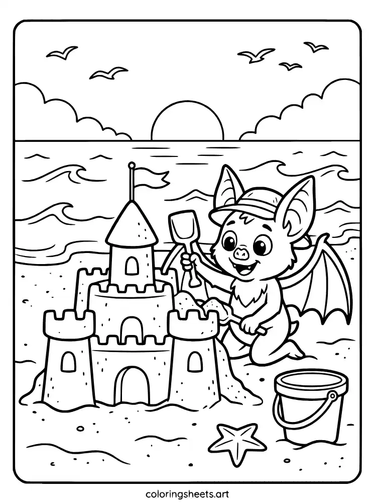 Bat building sandcastle coloring page for kids free PDF