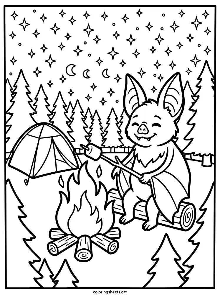 Bat camping under stars coloring page for kids free printable