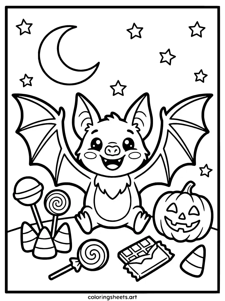 Bat with candy corn coloring page for kids free PDF