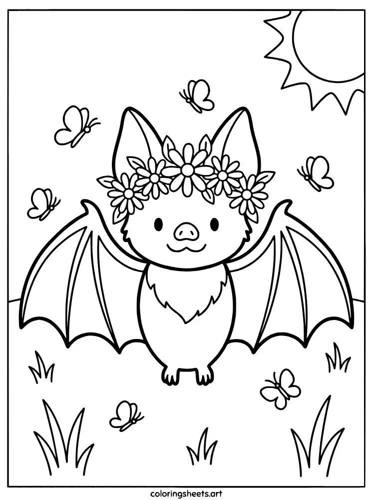 Bat with flower crown coloring page for kids free printable