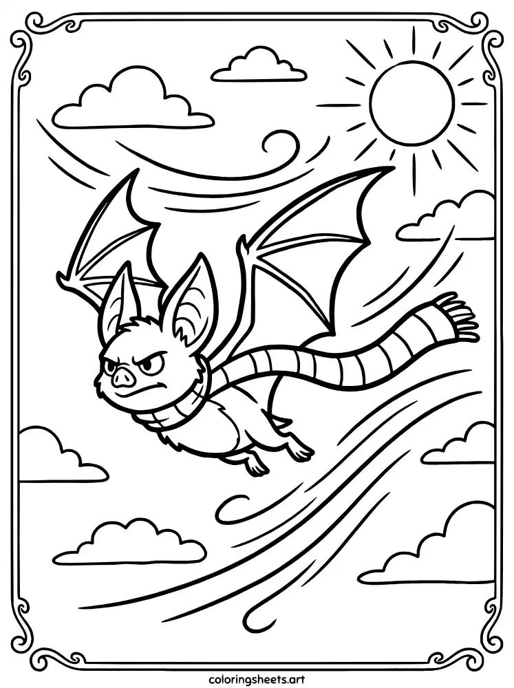 Bat flying with scarf coloring page for kids free PDF