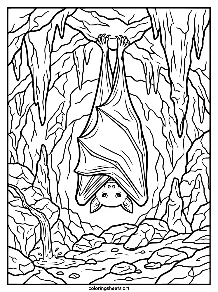 Bat hanging in cave coloring page for kids free printable