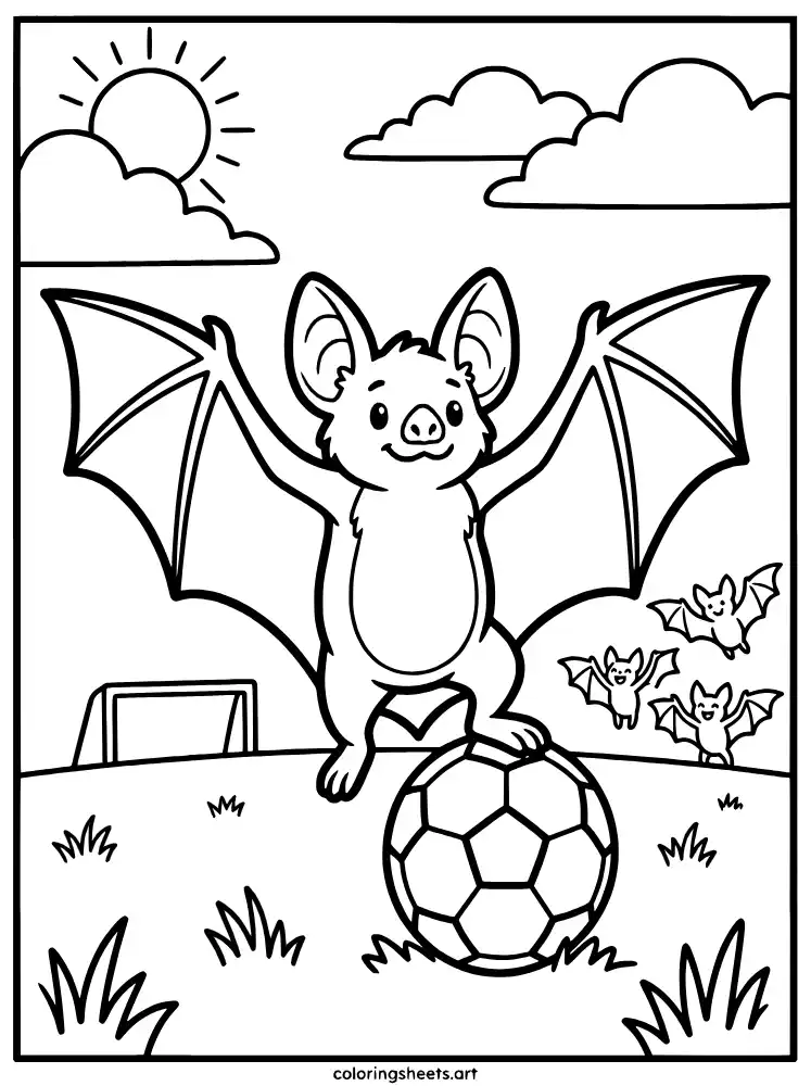 Bat playing soccer coloring page for kids free printable