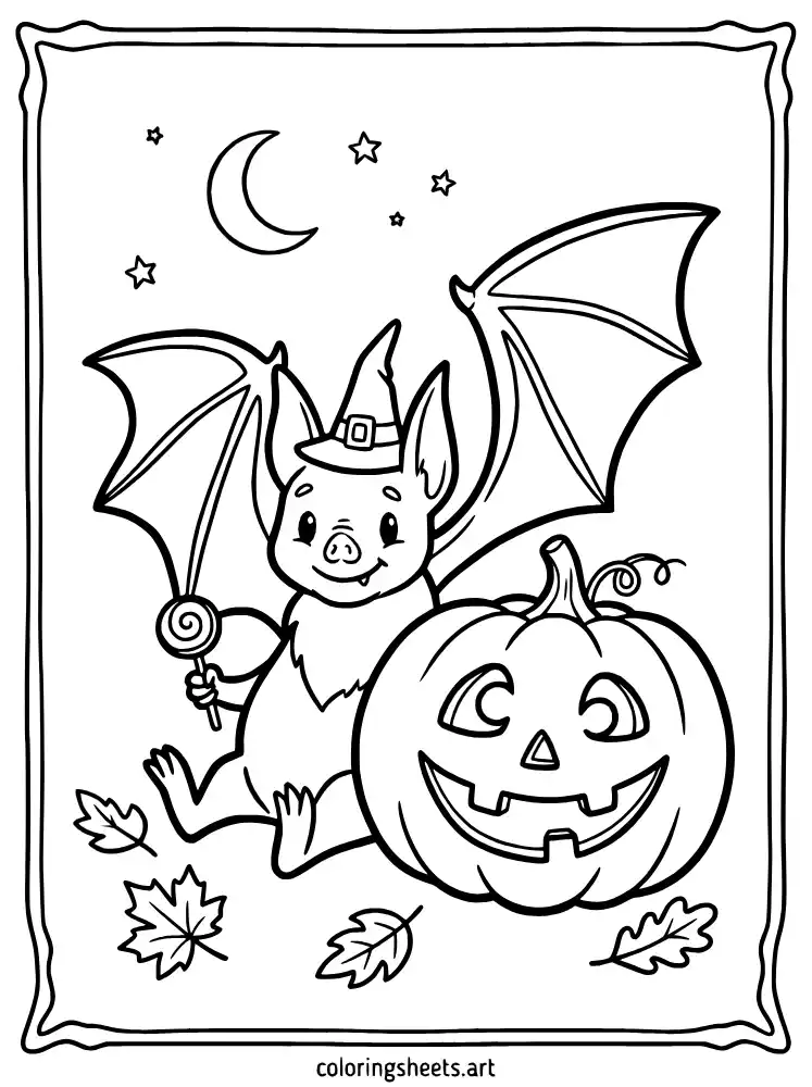 Bat with pumpkin and witch hat coloring page for kids free printable