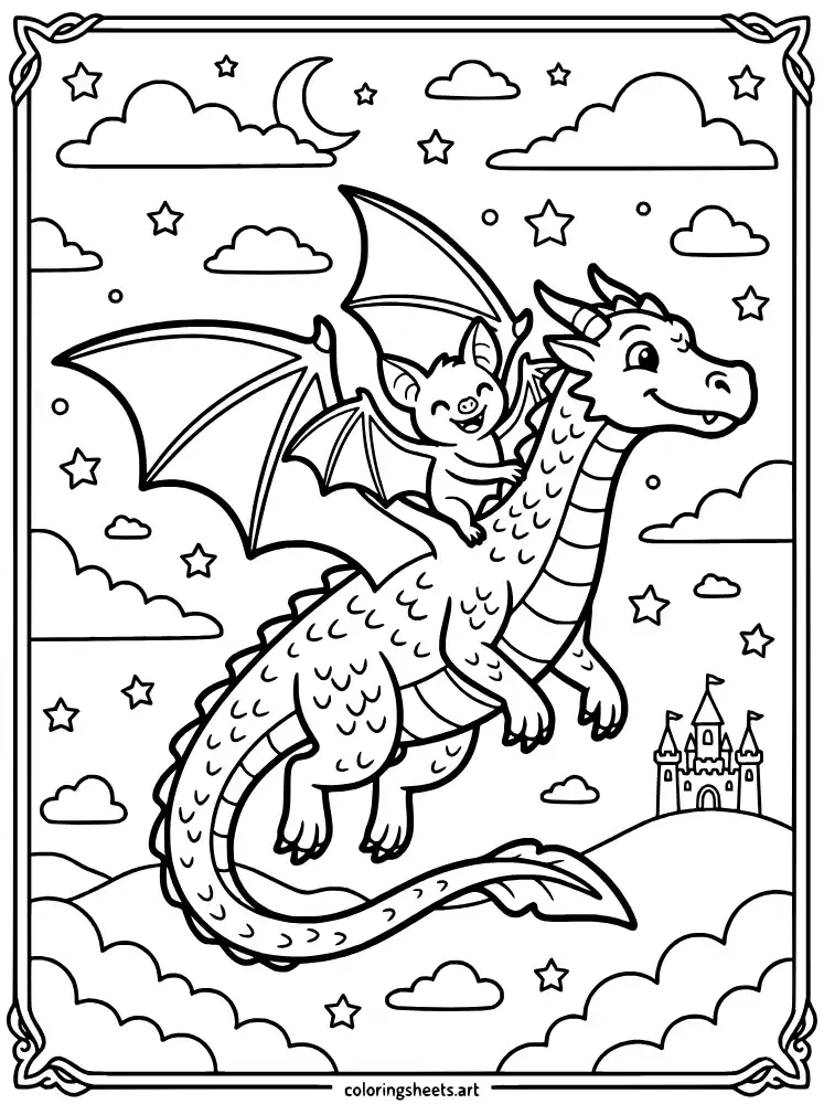 Bat riding dragon coloring page for kids free printable