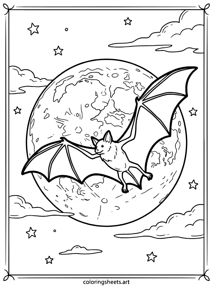 Bat soaring under full moon coloring page for kids free printable