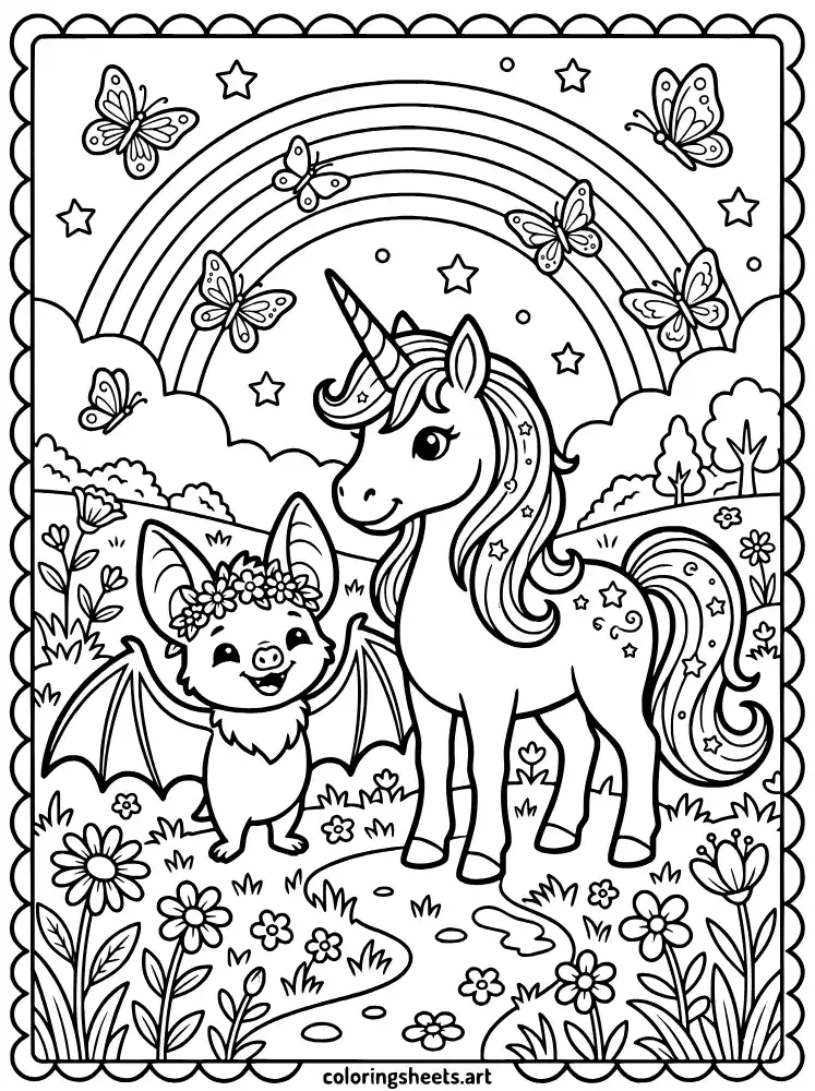 Bat with unicorn friend coloring page for kids free PDF