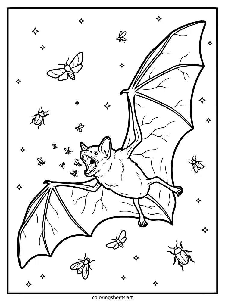Bat with insects coloring page for kids free PDF