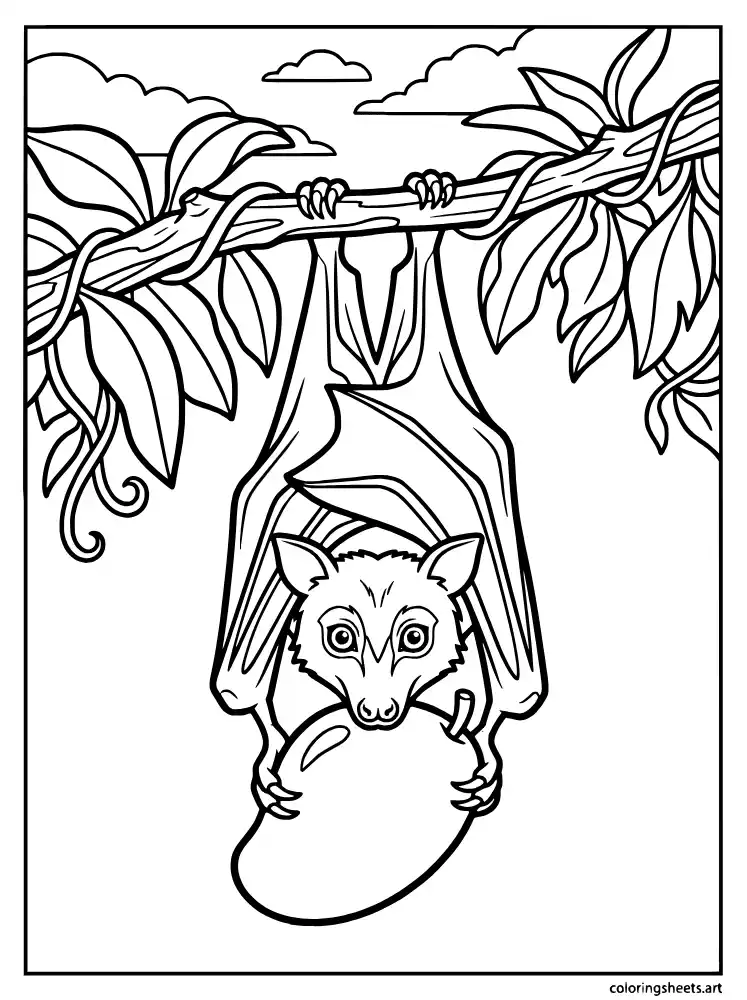 Fruit bat eating fruit coloring page for kids free printable