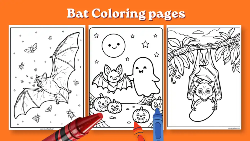 **File Name:** `bat-coloring-pages-printable-pdf.jpg` **ALT Text:** `Collection of free printable bat coloring pages featuring flying bats, Halloween bats with ghosts and pumpkins, and fruit bats for kids`