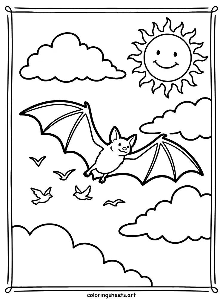 Bat and birds in sky coloring sheet printable for kids