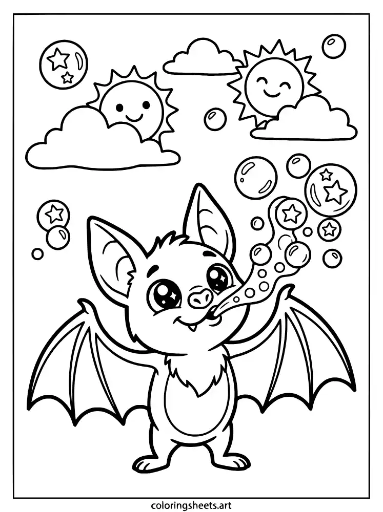 Bat blowing bubbles coloring sheet printable for kids