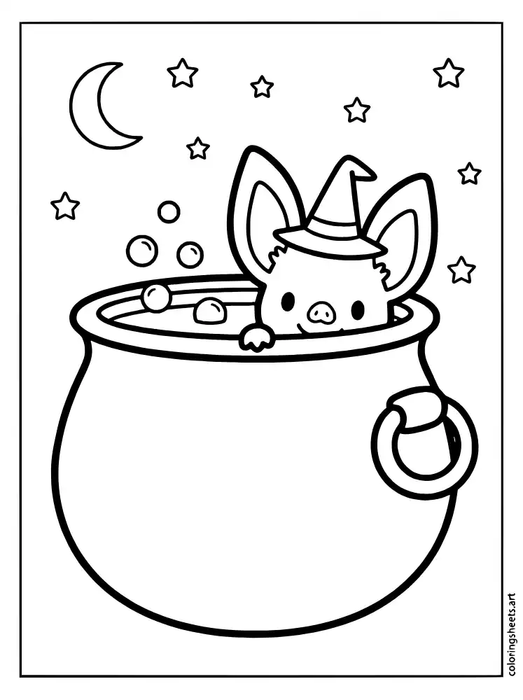 Bat in cauldron coloring sheet for toddlers simple