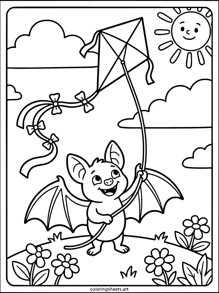 Bat flying kite coloring sheet for toddlers simple