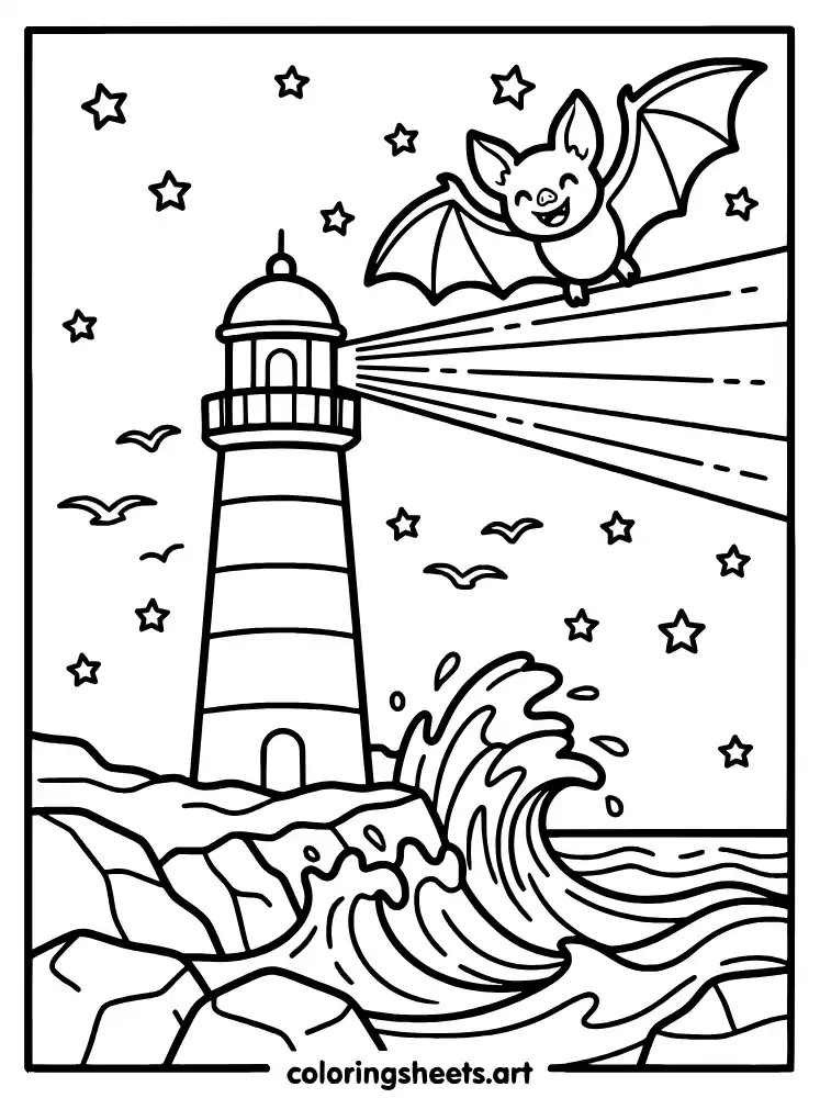 Bat flying over lighthouse coloring sheet for toddlers simple