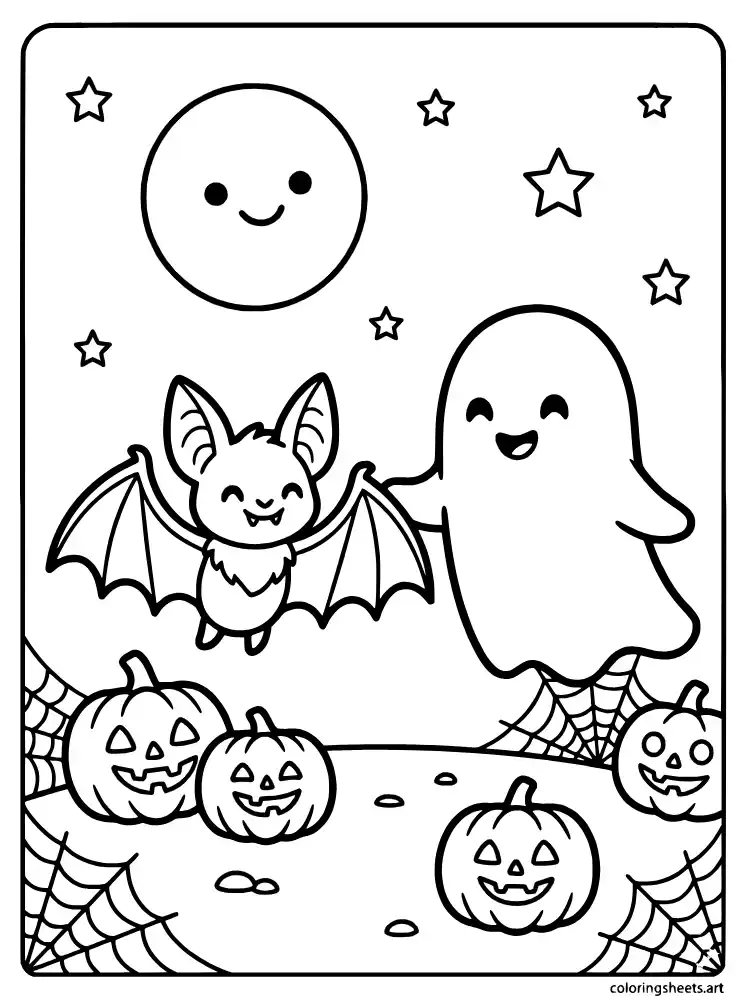 Bat and ghost holding hands coloring sheet printable for kids