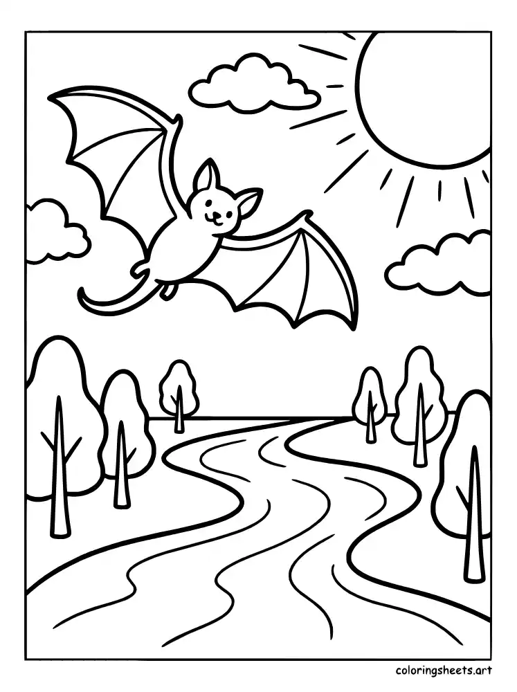 Bat gliding over river coloring sheet for toddlers simple