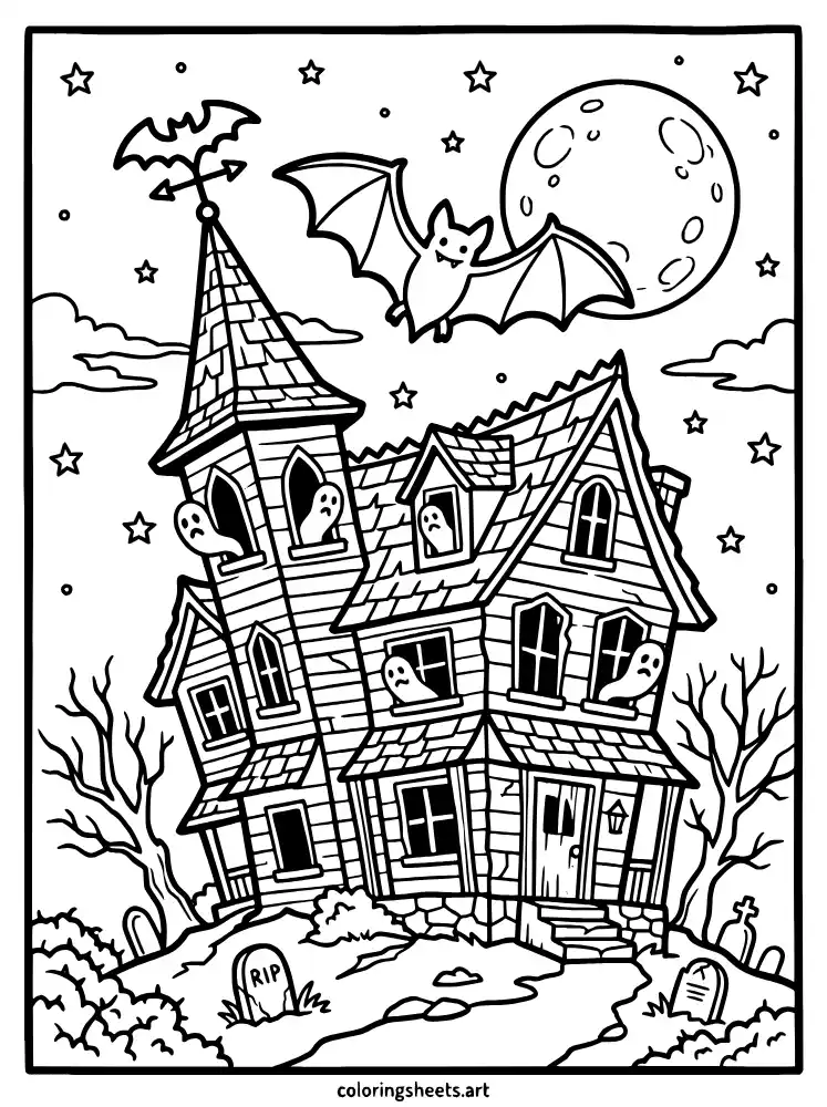 Bat flying over haunted house coloring sheet for toddlers simple