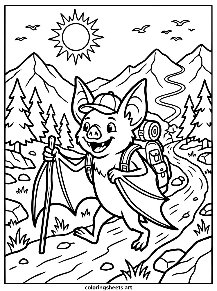 Bat hiking with backpack coloring sheet for kids free PDF