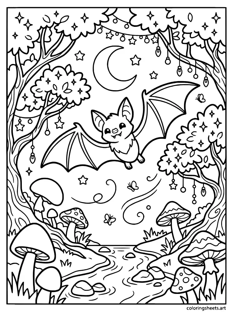 Bat in magical forest coloring sheet for kids