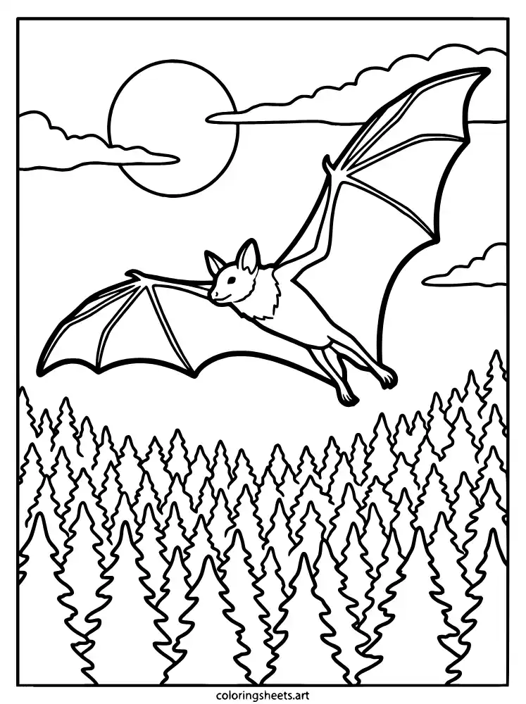 Bat flying over moonlit forest coloring sheet for kids