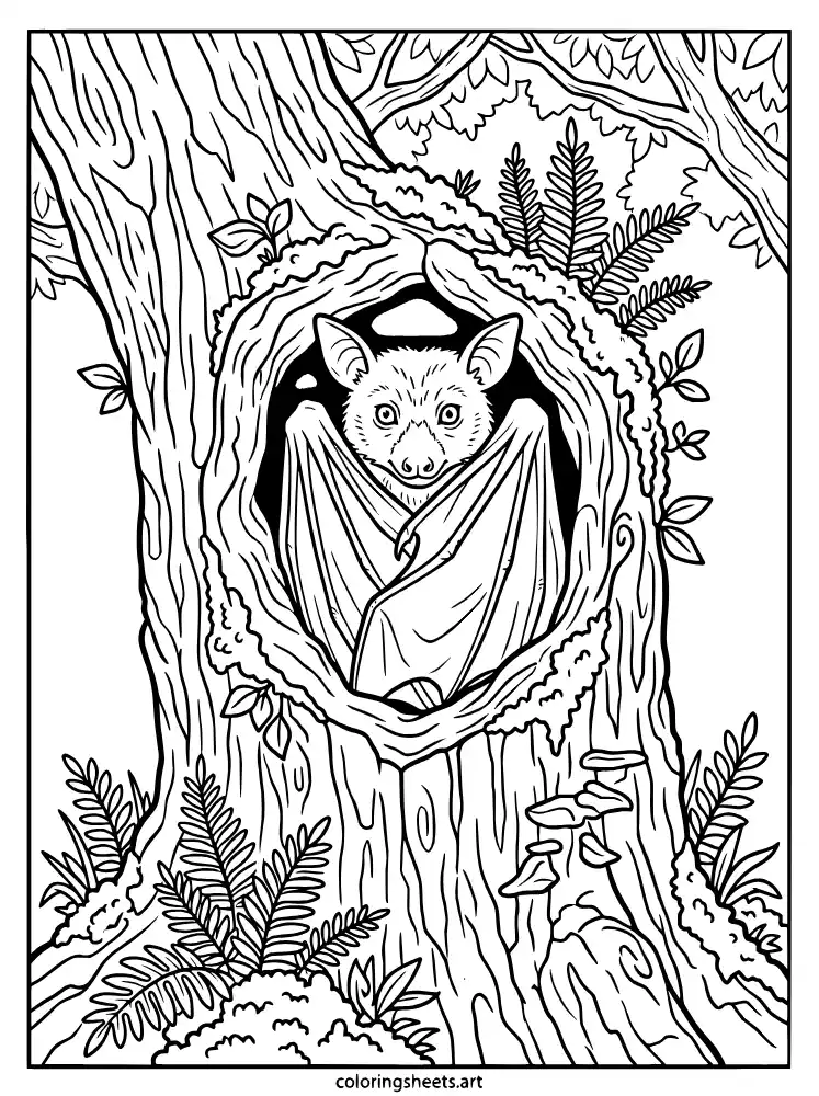 Bat roosting in tree hollow coloring sheet printable for kids