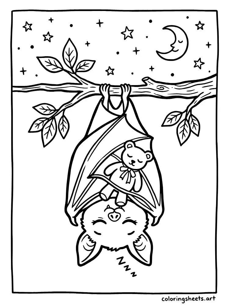 Bat sleeping upside down with teddy bear coloring sheet for toddlers