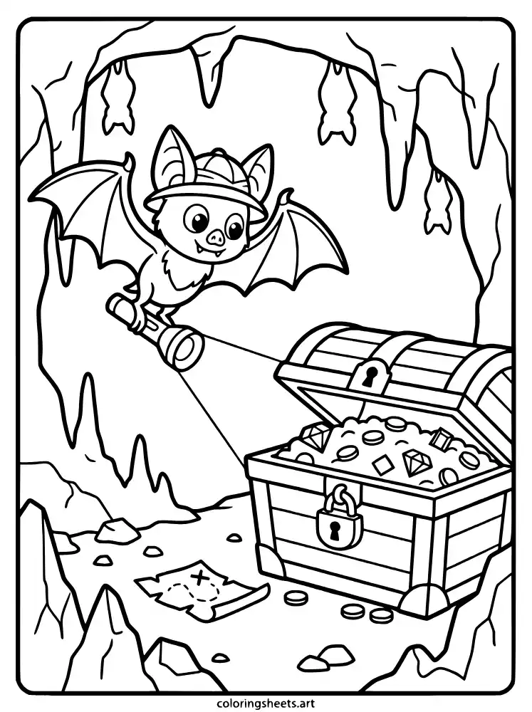Bat exploring treasure cave coloring sheet for kids