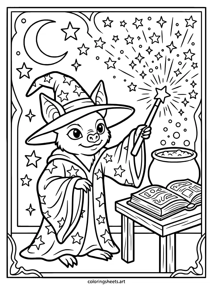 Bat wizard with magic wand coloring sheet for kids free PDF