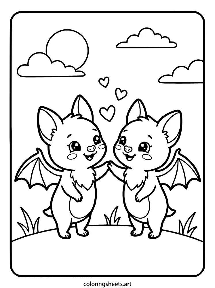 Two cute bats holding hands coloring sheet for toddlers simple
