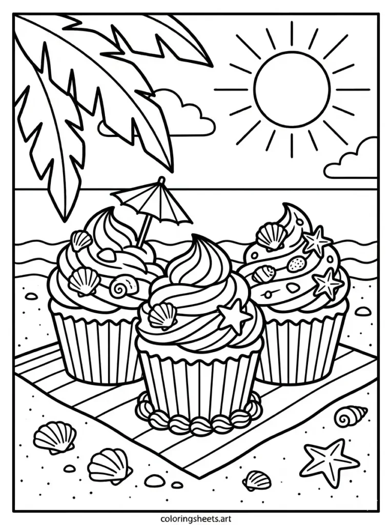 Beach themed birthday cupcakes coloring page for kids