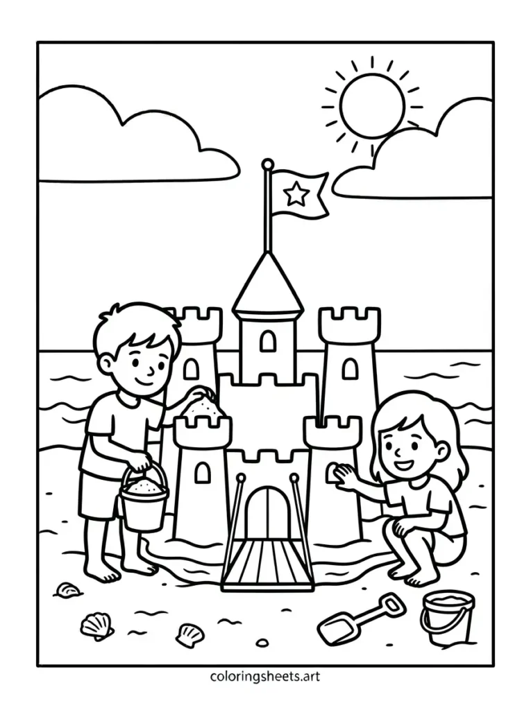 Building a big sandcastle city beach coloring page for toddlers