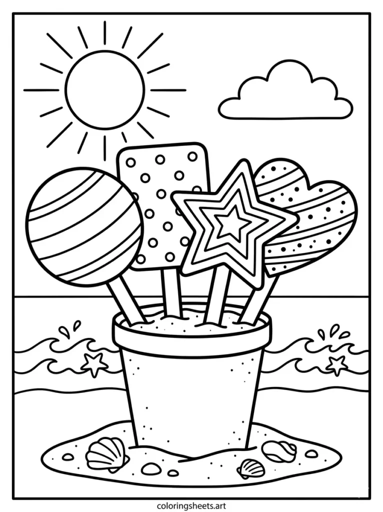 Colorful rainbow popsicles beach coloring page for kids