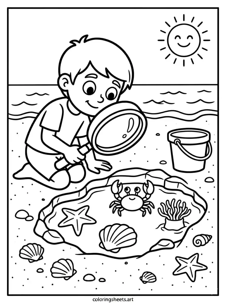Exploring a tide pool with a magnifying glass beach coloring page for kids