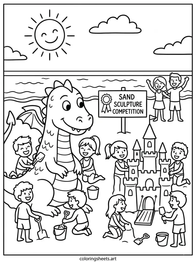 Giant sand sculpture competition beach coloring page for kids