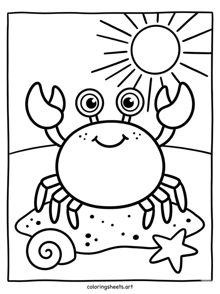 Simple happy crab playing in sand beach coloring page for toddlers