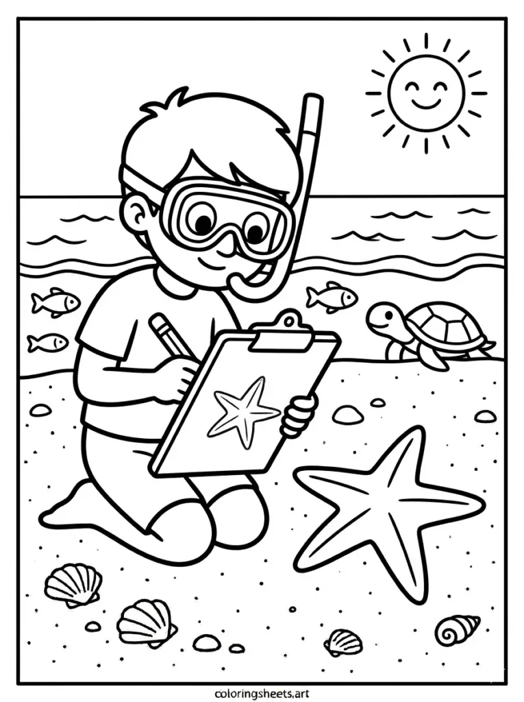 Marine biologist studying starfish beach coloring page for kids free