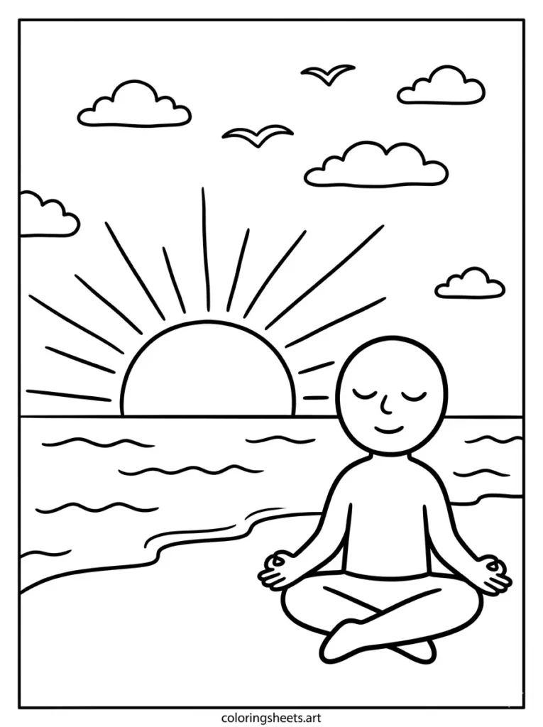 Meditating at sunrise on the beach coloring page for kids free