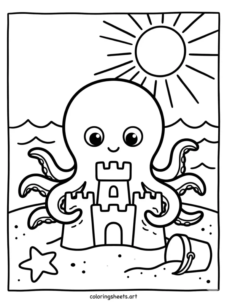 Cute octopus building a sand sculpture beach coloring page for kids