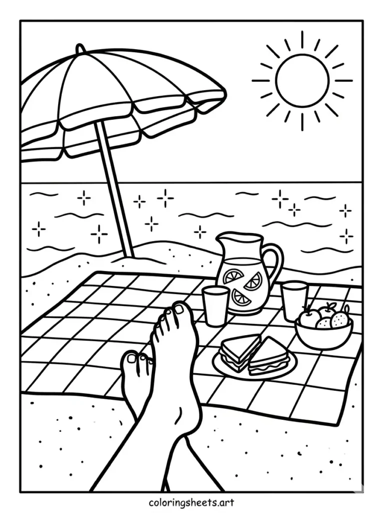 Picnic blanket with lemonade beach coloring page for kids free