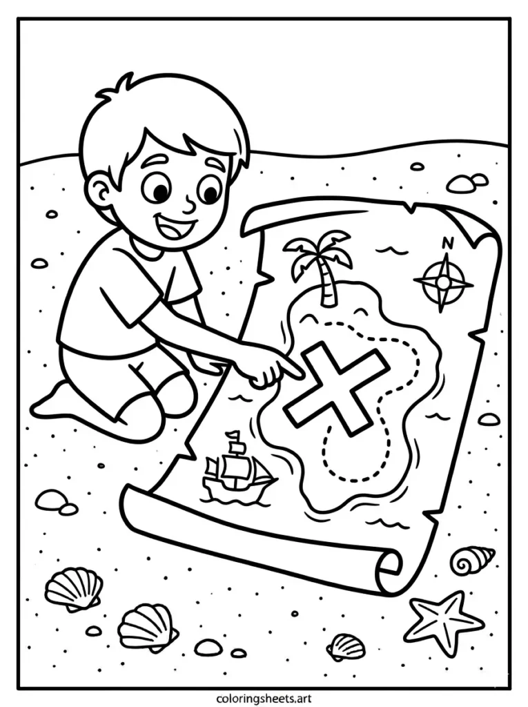 Pirate treasure map on the beach coloring page for kids