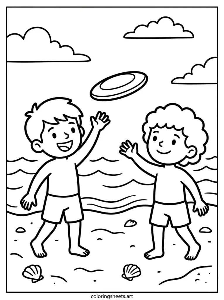 Playing frisbee on the sand beach coloring page for kids free
