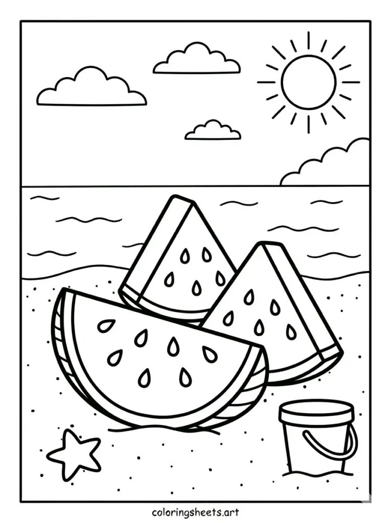 Refreshing watermelon slices beach coloring page for kids