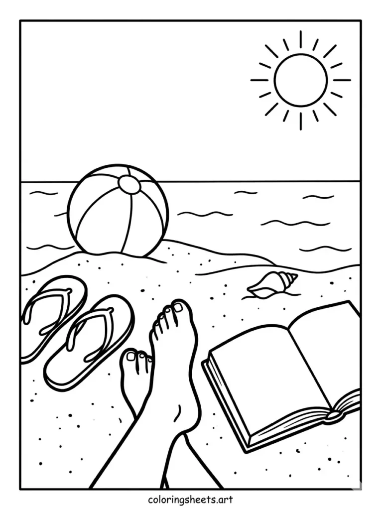 Sandy feet and a good book beach coloring page for kids