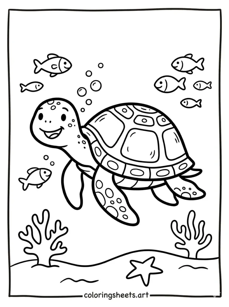 Sea turtle swimming with fish beach coloring page for kids