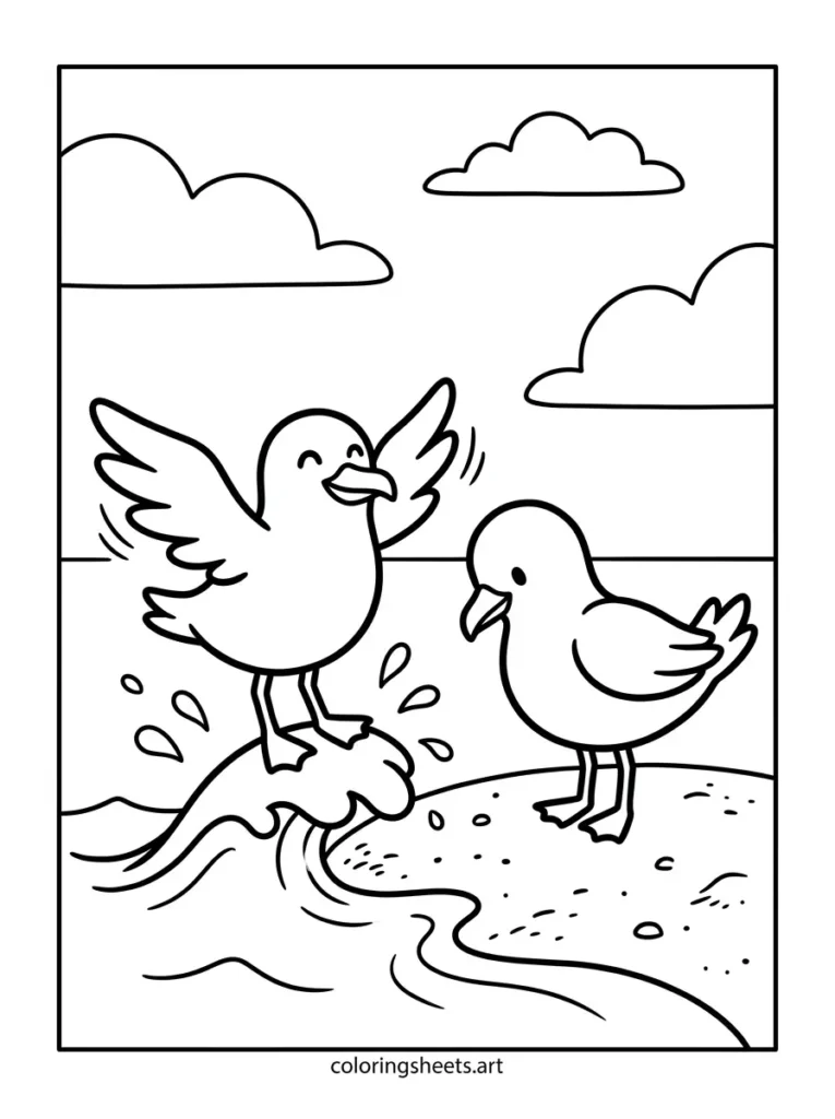 Seagulls splashing in the surf beach coloring page for kids