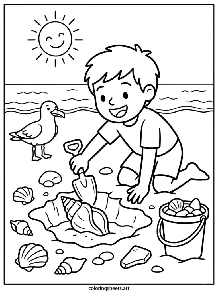 Searching for hidden seashells beach coloring page for kids free