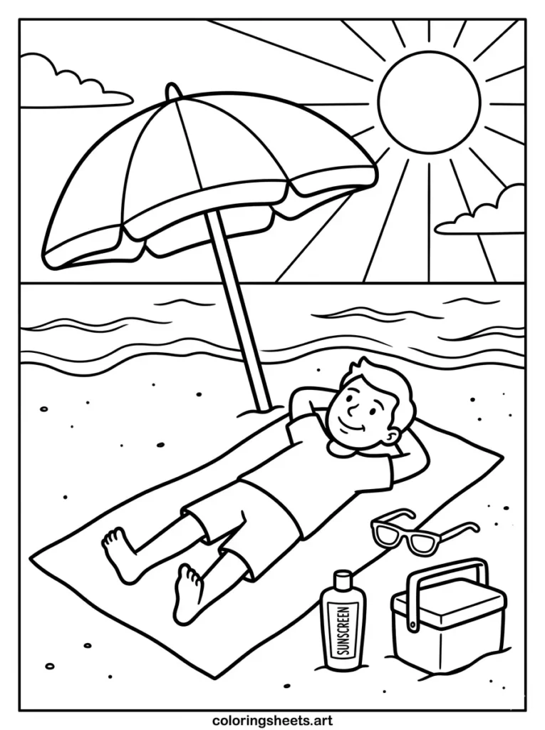 Sunbathing on a beach towel coloring page for kids