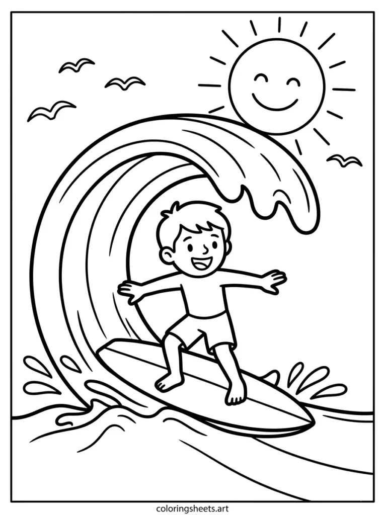 Surfing a big wave with a paddleboard beach coloring page for kids