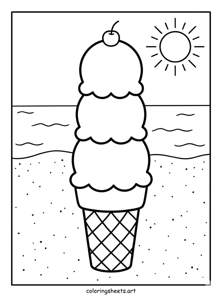 Three scoop ice cream cone beach coloring page for toddlers